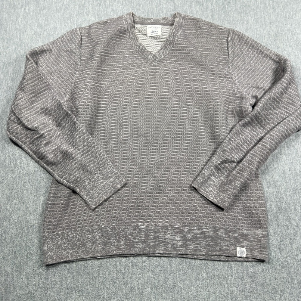 Lucky Brand Sweater Women Med Gray V Neck Textured Knit Long Sleeve Pullover